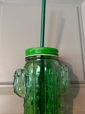 Green Cactus Glass Mason Jar Tumbler with Lid and Straw